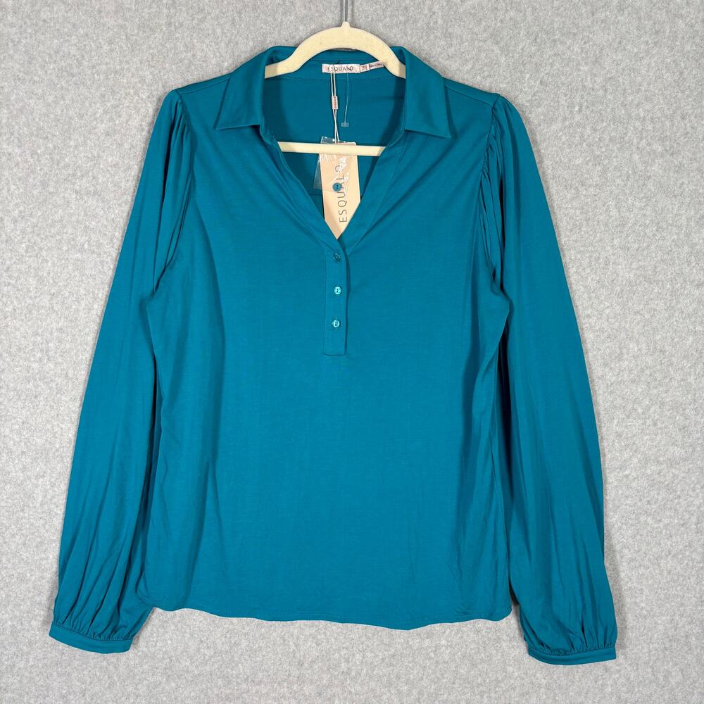 Esqualo Blouse Women Large Blue Puff Jersey Knit Modal Polo Soft Career Office